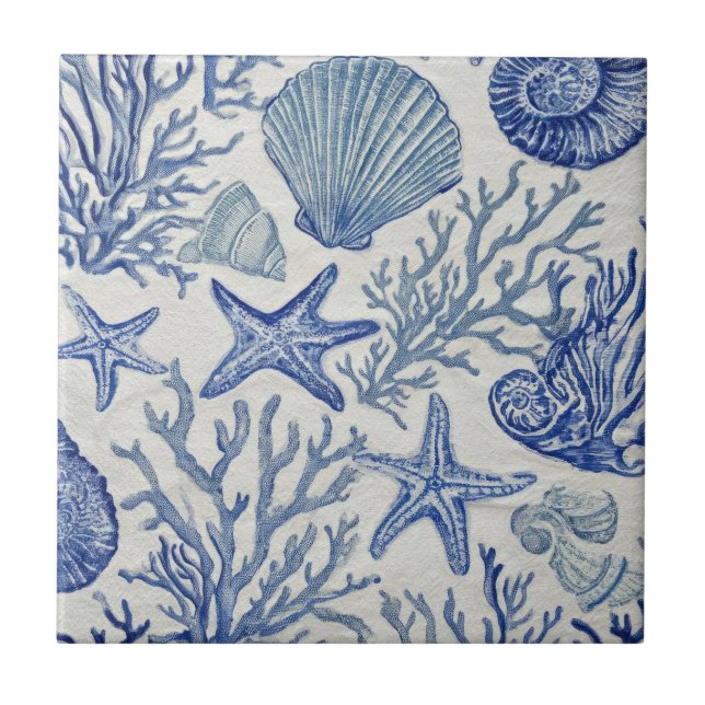 Azulejo Blue Coastal Toile Seashell Coral Pattern (Frente)