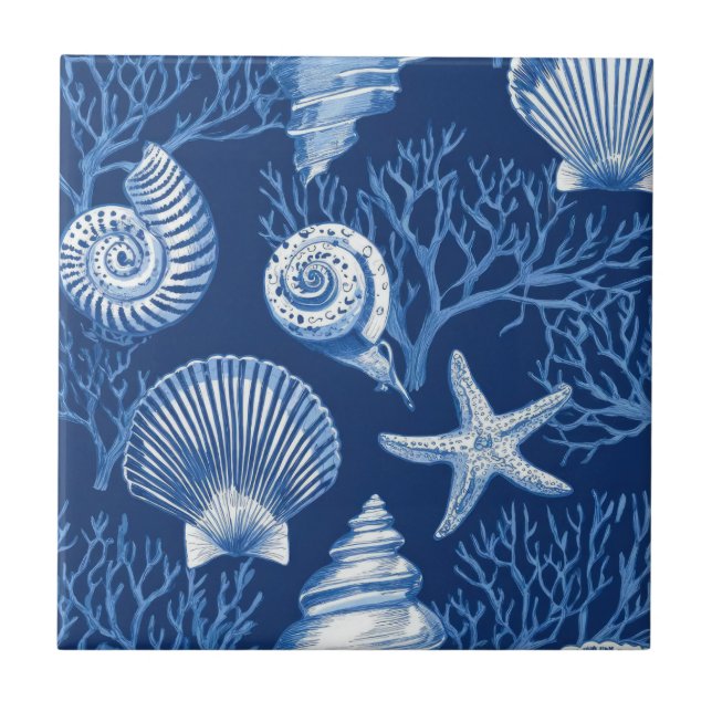Azulejo Blue Coastal Toile Seashell Coral Pattern (2) (Frente)