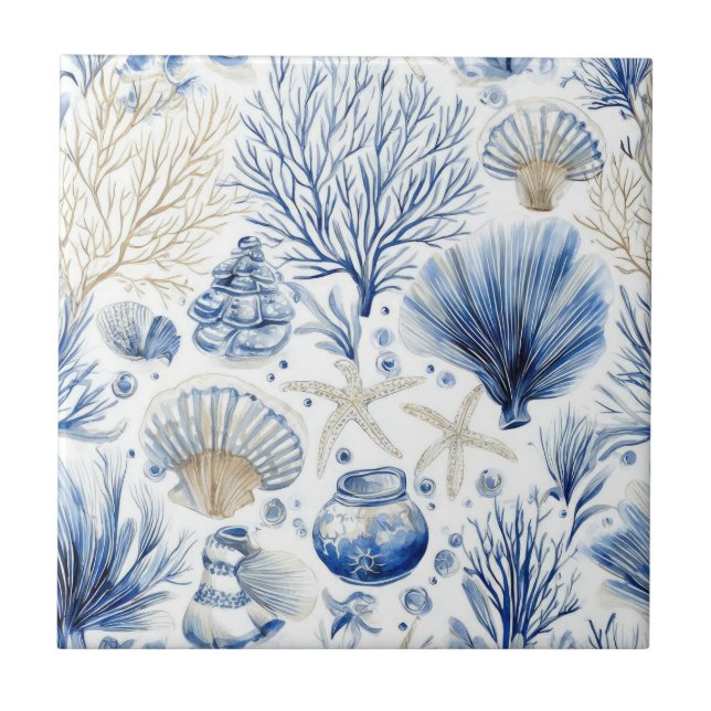 Azulejo Blue Coastal Toile Seashell Coral Pattern (3) (Frente)