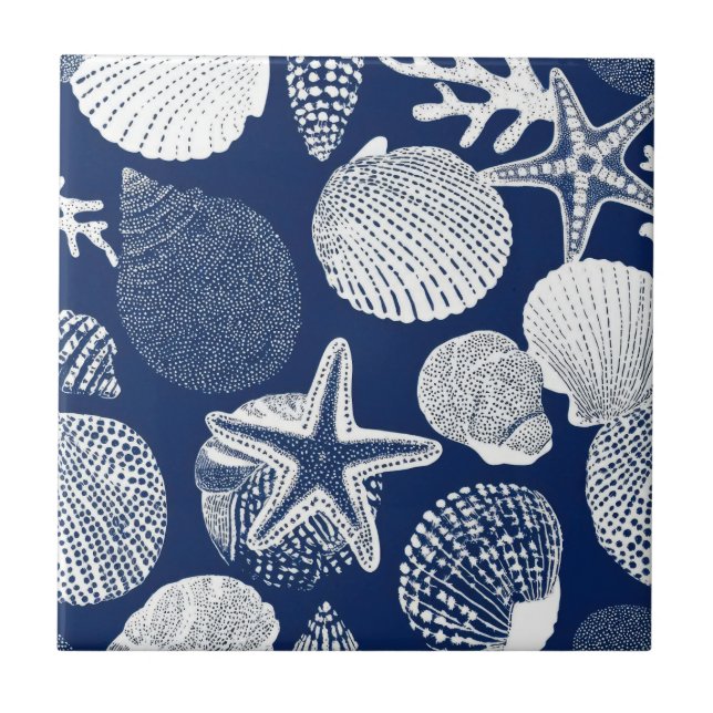 Azulejo Blue Coastal Toile Seashell Coral Pattern (4) (Frente)