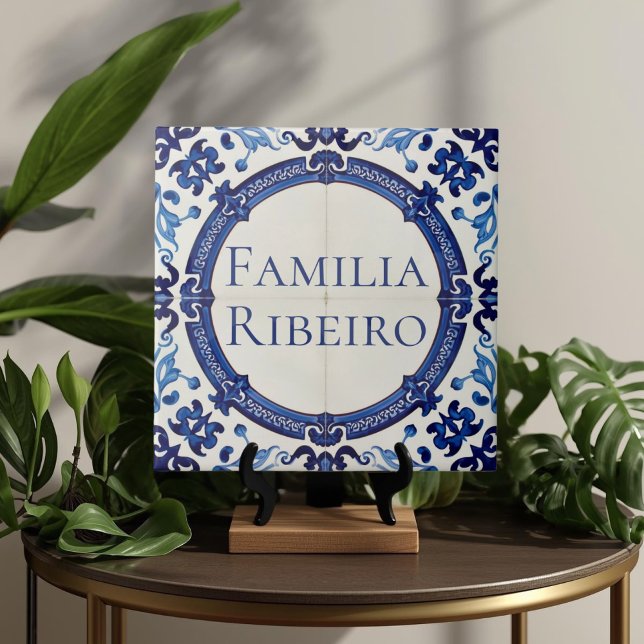Azulejo Blue Custom House Name Plate Plaque Sign  (Azulejo Mediterranean Blue & White Custom House Name Or Family Name Plaque Sign Square Ceramic Tile)