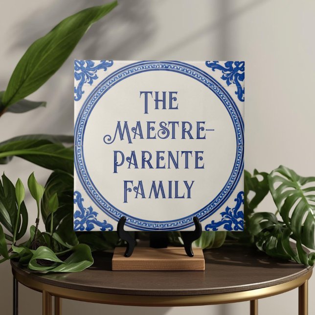 Azulejo Blue Custom House Name Plate Plaque Sign  (Azulejo Mediterranean Blue & White Custom House Name Or Family Name Plaque Sign Square Ceramic Tile)