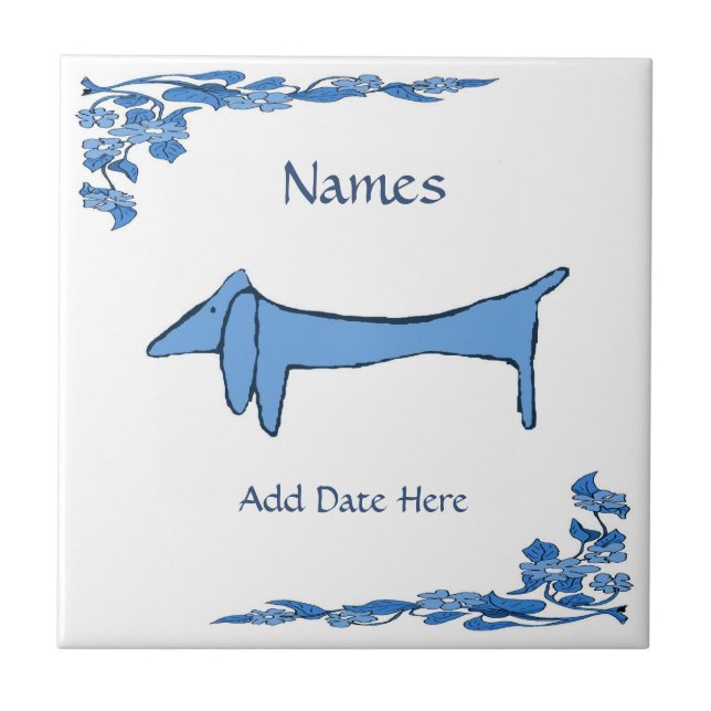 Azulejo Blue Dachshund Tile, holandés look, personalice (Frente)