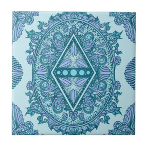 Azulejo Blue Diamond Mandala   Ornate Turquoise & Lavender