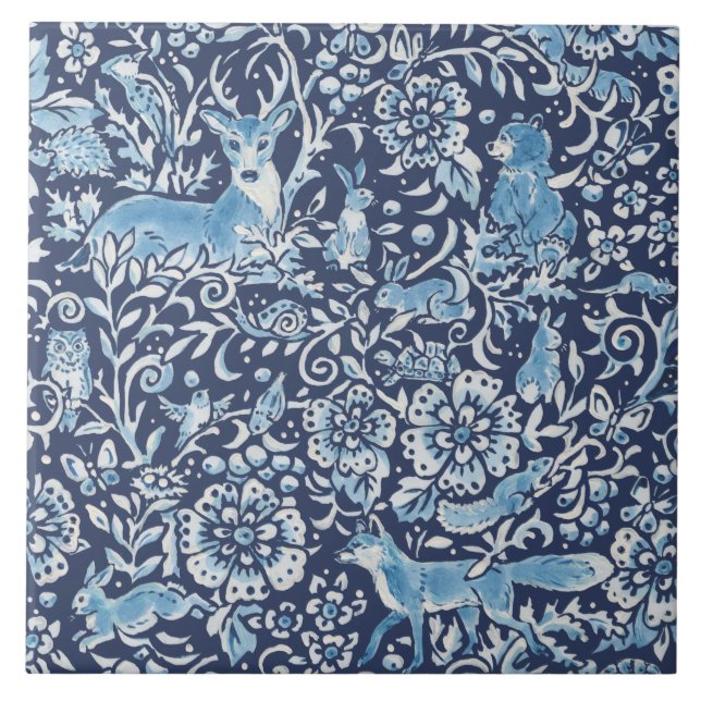Azulejo Blue Fantasy Forest Animals Woodland Fox Rabbit (Frente)