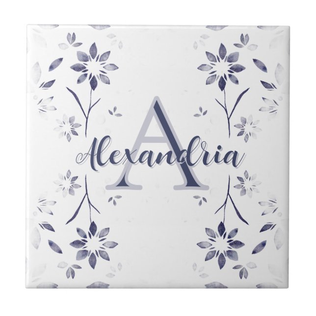 Azulejo Blue Floral Personalized Monogram Name (Frente)