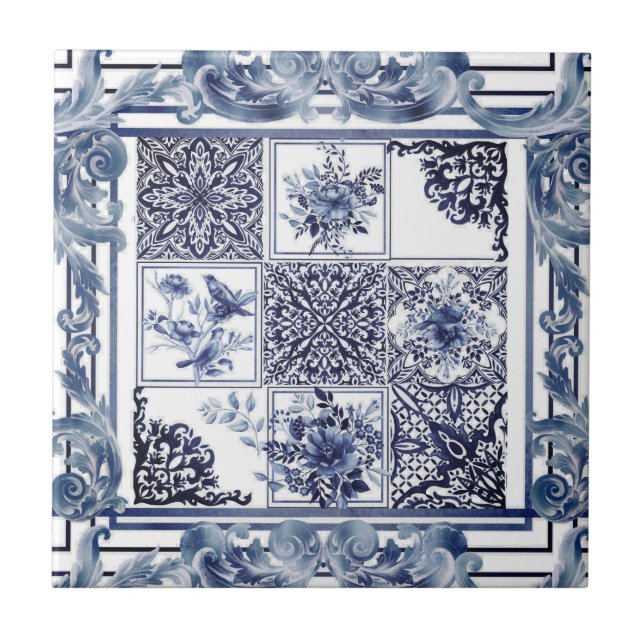 Azulejo Blue flowers,blue china,porcelain,birds  (Frente)