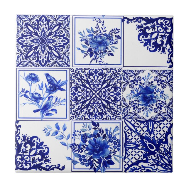 Azulejo Blue flowers,blue china,porcelain,birds     (Frente)