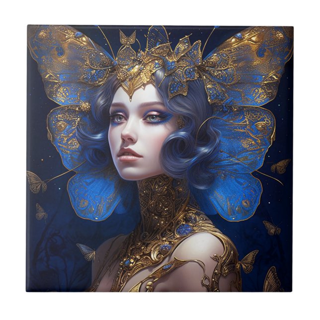Azulejo Blue Gold Fairy Fantasy Art (Frente)