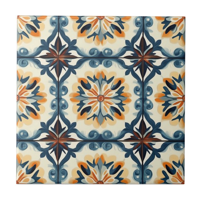 Azulejo Blue Gold Orange and Brown Pattern Ceramic Tile (Frente)