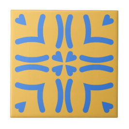 Azulejo Blue Hearts Mustard Yellow Modern Folk Art Lines