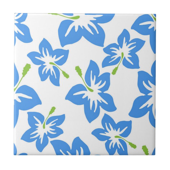 Azulejo Blue Hibiscus Floral Patrón Tropical Cerámica Tile (Frente)