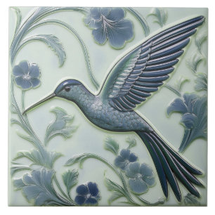 Azulejo Blue & mingbird falso alivio Art Nouveau Hummingbi