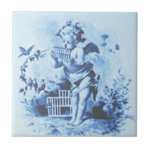 Azulejo Blue Minton Cherub con Pan Pipes y Aves Repro