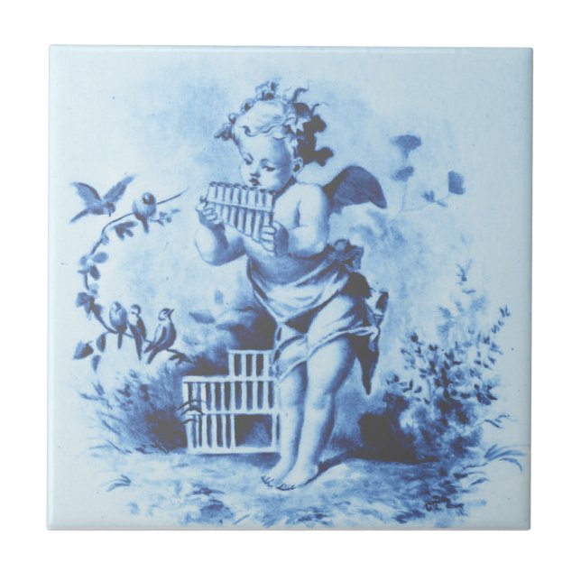 Azulejo Blue Minton Cherub con Pan Pipes y Aves Repro (Frente)