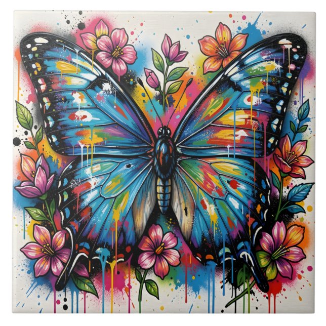 Azulejo Blue Morpho Butterfly Street Art Graffiti Grunge (Frente)