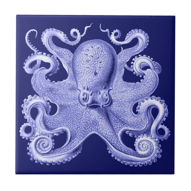 Azulejo Blue Octopus Nautical Beach House Coastal Haeckel (Frente)