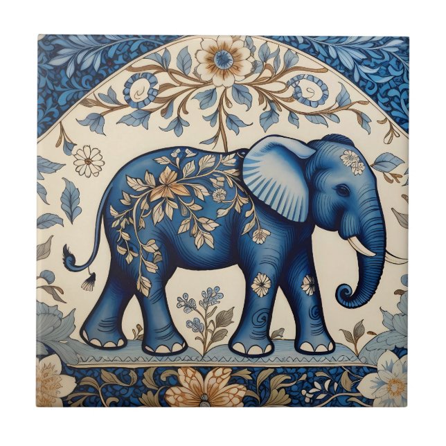 Azulejo Blue Ornate Elephant Vintage Floral (Frente)