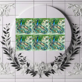 Azulejo Blue Peacock Couple Green Golden Feathers Motif