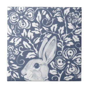 Azulejo Blue Peeking Rabbit Bunny Floral Dedham Delft