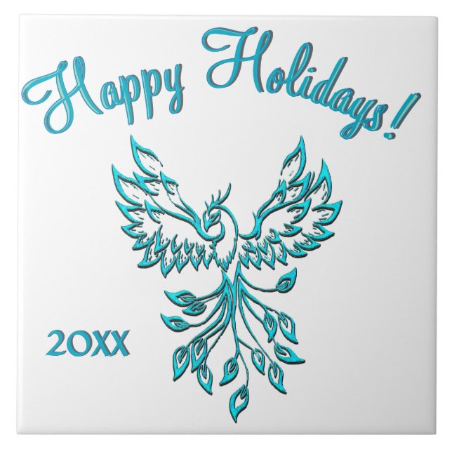 Azulejo Blue Phoenix Rising en Personalizado blanco Textos (Frente)
