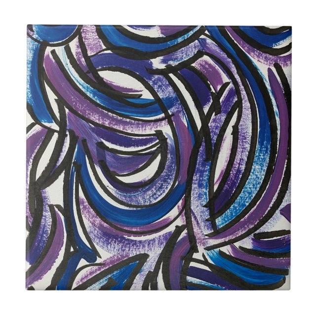 Azulejo Blue Purple Brushstrokes-Hand Painted Abstract (Frente)