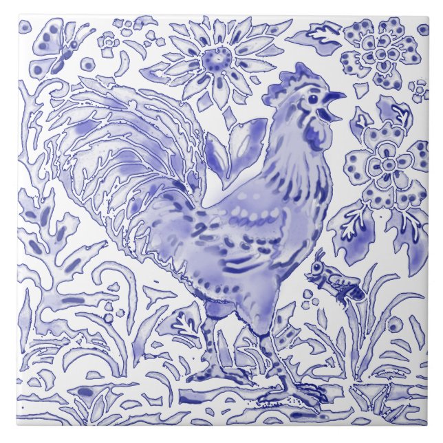 Azulejo Blue Rooster Chicken Insect Farmhouse Rustic Art  (Frente)