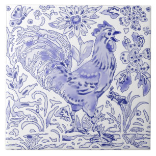 Azulejo Blue Rooster Chicken Insect Farmhouse Rustic Art  