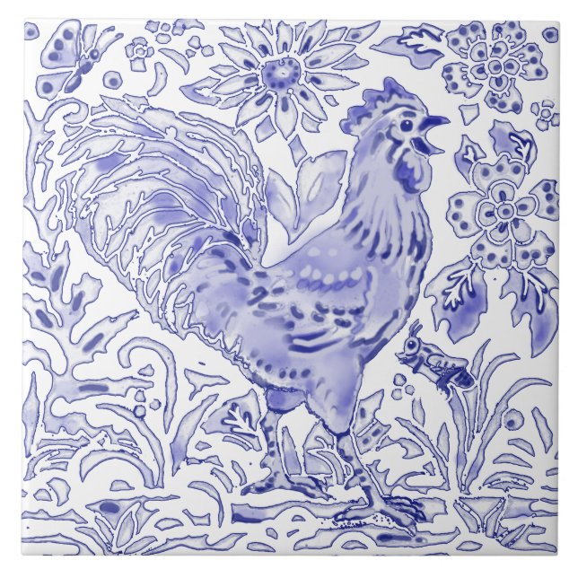 Azulejo Blue Rooster Chicken Insect Farmhouse Rustic Art   (Frente)