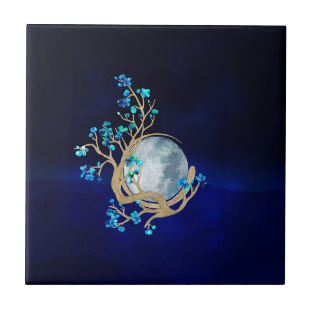 Azulejo Blue Sakura Blossom Zen Moon (Frente)