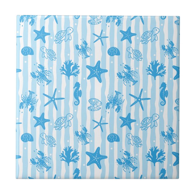 Azulejo Blue Sea Creatures Nautical Doodle Pattern (Frente)