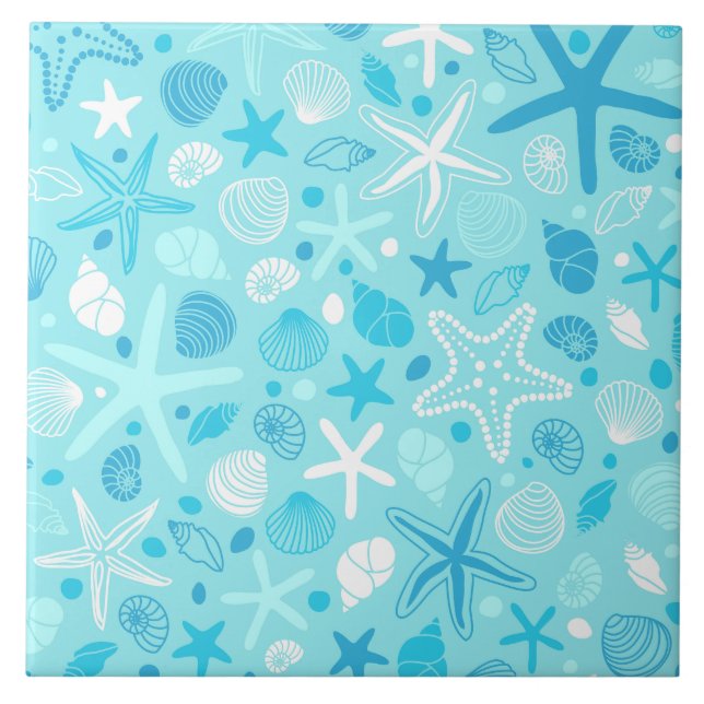 Azulejo Blue Seashell & Star Bathroom Art (Frente)