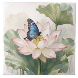 Azulejo  Blue Swallowtail Butterfly With Lotus Flower Art
