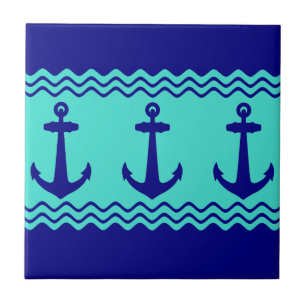Azulejo Blue Turquoise Nautical Anchor Coastal Stripes