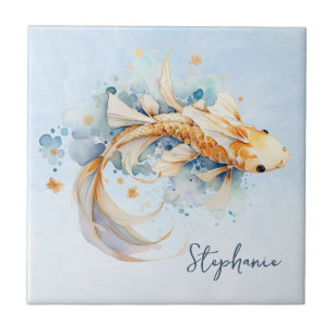 Azulejo Blue Watercolor Gold Koi Fish Personalizado