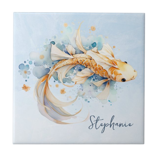 Azulejo Blue Watercolor Gold Koi Fish Personalizado (Frente)