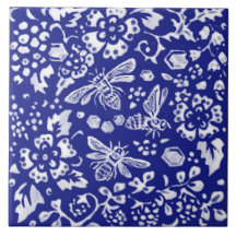 Blue White Bee Honey Floral Farmhouse Rústico Art 
