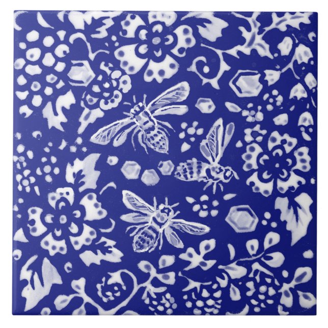 Azulejo Blue White Bee Honey Floral Farmhouse Rústico Art  (Frente)
