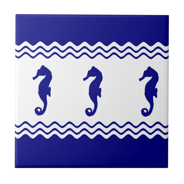 Azulejo Blue White Coastal Seahorses Stripes (Frente)