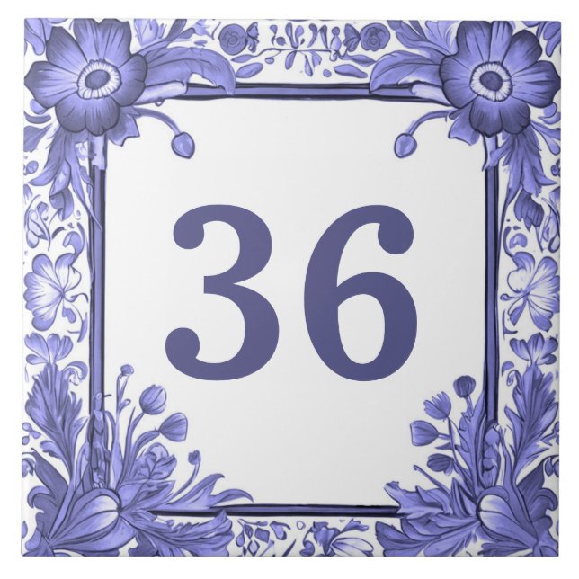 Azulejo Blue White Flowers Custom House Number Plate Sign (Frente)