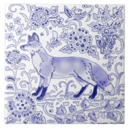 Azulejo Blue White Fox Bird Woodland Farmhouse Rustic Art