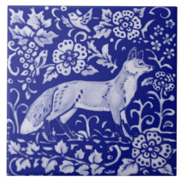 Azulejo Blue White Fox Bird Woodland Farmhouse Rustic Art