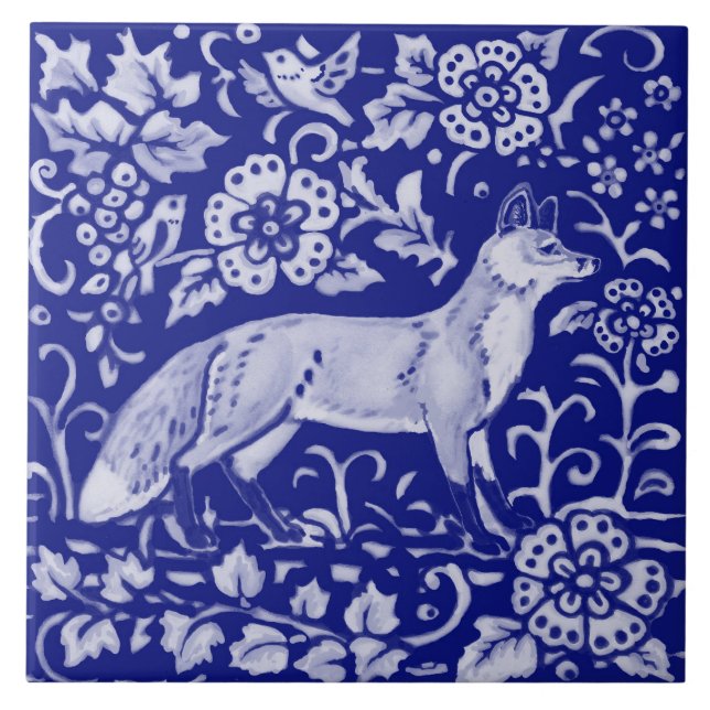 Azulejo Blue White Fox Bird Woodland Farmhouse Rustic Art  (Frente)