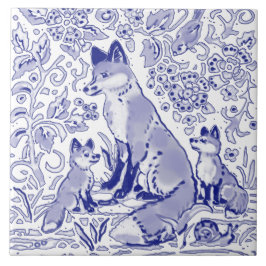 Azulejo Blue White Fox Familia Animal Art Farmhouse