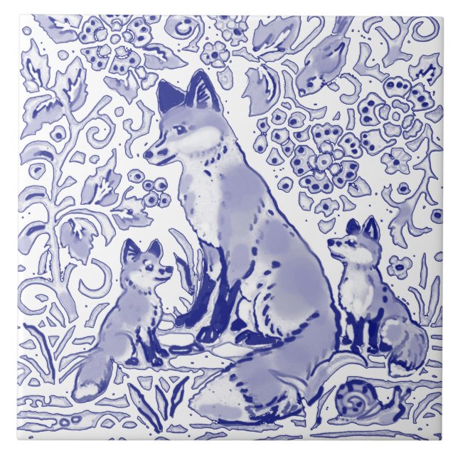 Azulejo Blue White Fox Familia Animal Art Farmhouse (Frente)