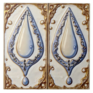 Azulejo Blue White & Gold Water Droplets Baño Tile