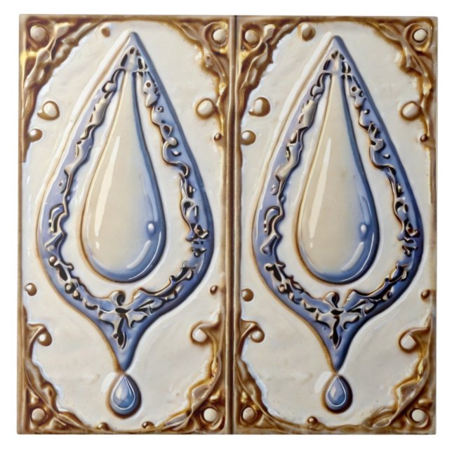 Azulejo Blue White & Gold Water Droplets Baño Tile (Frente)
