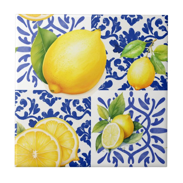 Azulejo Blue White Lemon Pattern Mediterranean Citrus (Frente)