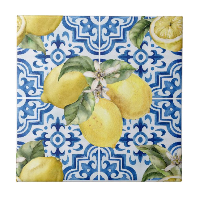 Azulejo Blue White Mediterranean Lemon Pattern (Frente)