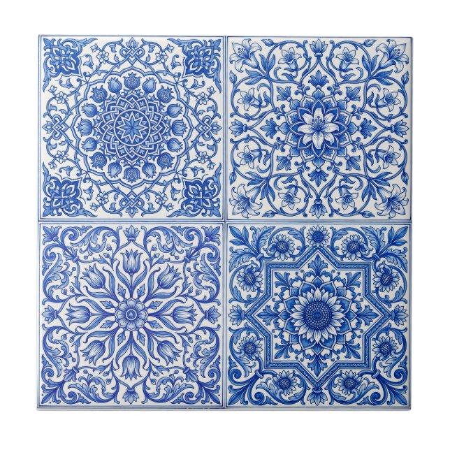 Azulejo Blue White Mediterranean Tile Botanical Pattern (Frente)